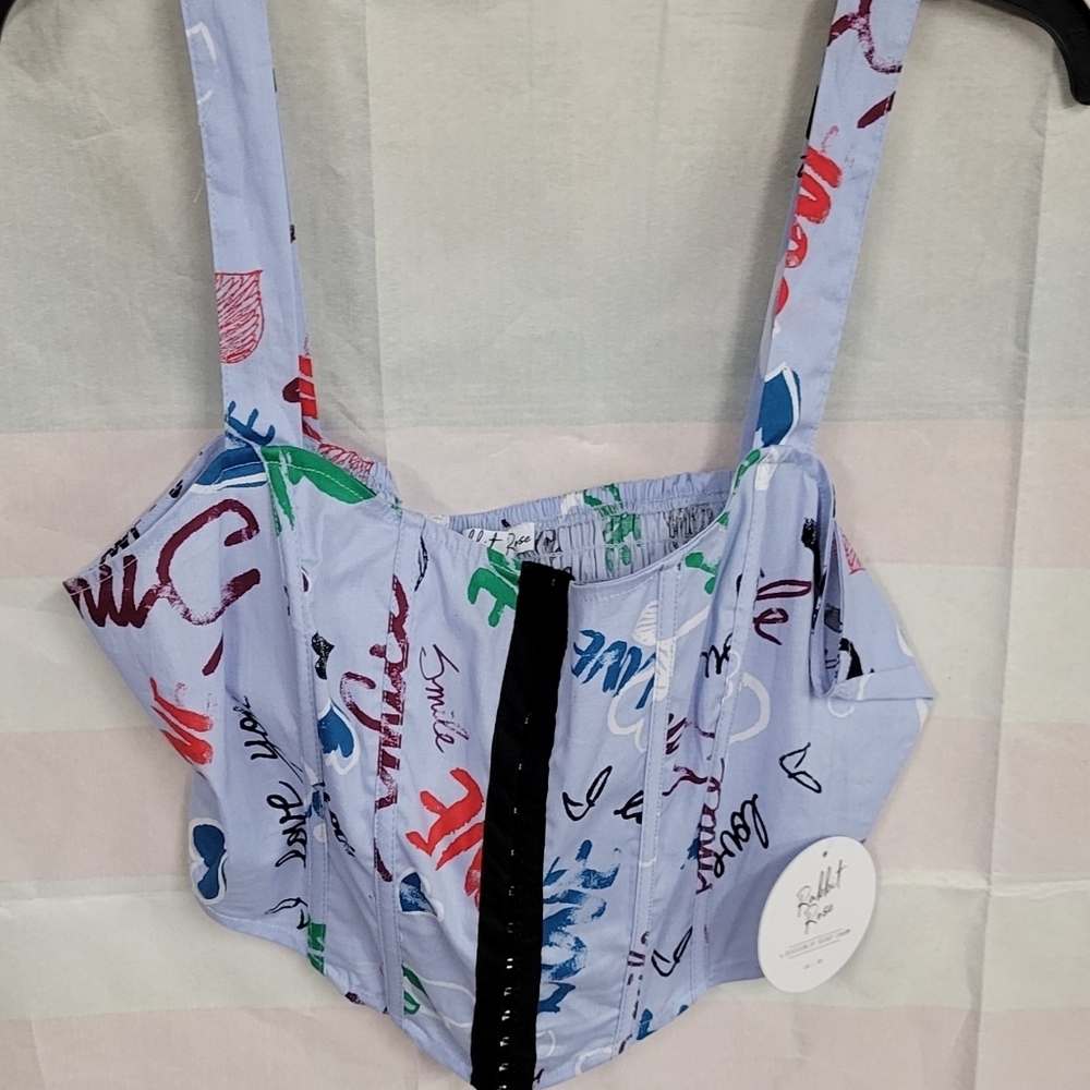 Rabbit Rose XL Boned Elastic Back Blue Hook & Eye Front Clousure Crop Top